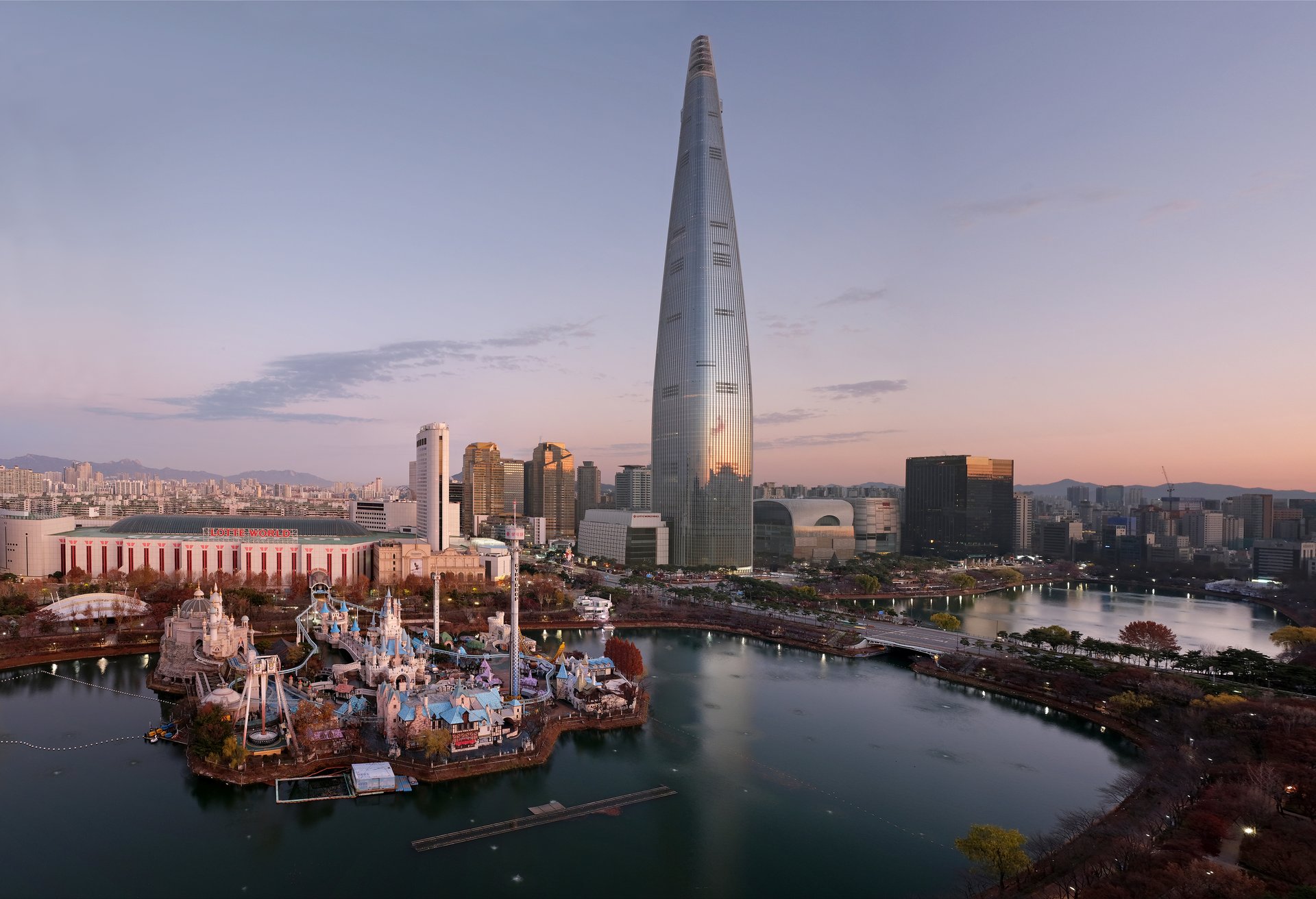 Lotte World Tower at dawn — sputter window film by LUNOX, Seoul